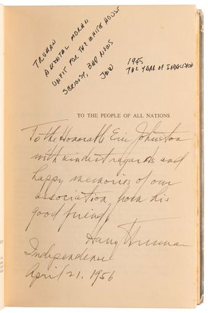 Lot #133 Harry S. Truman Signed Book - Memoirs: Year of Decisions, Presented to the President of the MPAA - Image 4