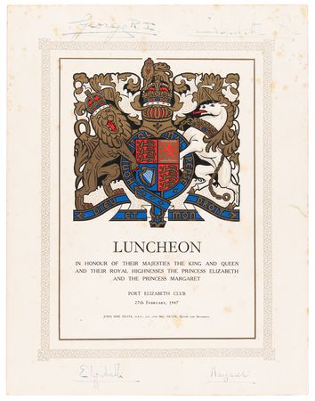 Lot #178 Queen Elizabeth II and Family Signed 1947 Luncheon Menu (Port Elizabeth, South Africa) - Image 1