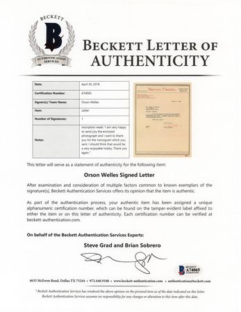 Lot #1002 Orson Welles Signed Photograph and Typed Letter Signed - Image 4