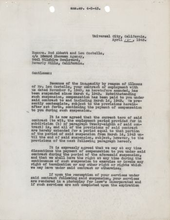 Lot #867 Abbott and Costello Document Signed - Universal Contract Suspension Due to Costello's Fight with Rheumatic Fever - Image 2