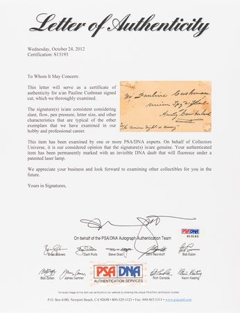 Lot #356 Pauline Cushman Signature - 