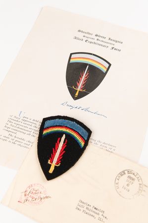 Lot #22 Dwight D. Eisenhower Signed 'Shoulder Sleeve Insignia' Presentation Sheet - Dated One Day Before Germany's Unconditional Surrender (May 6, 1945) - Image 1