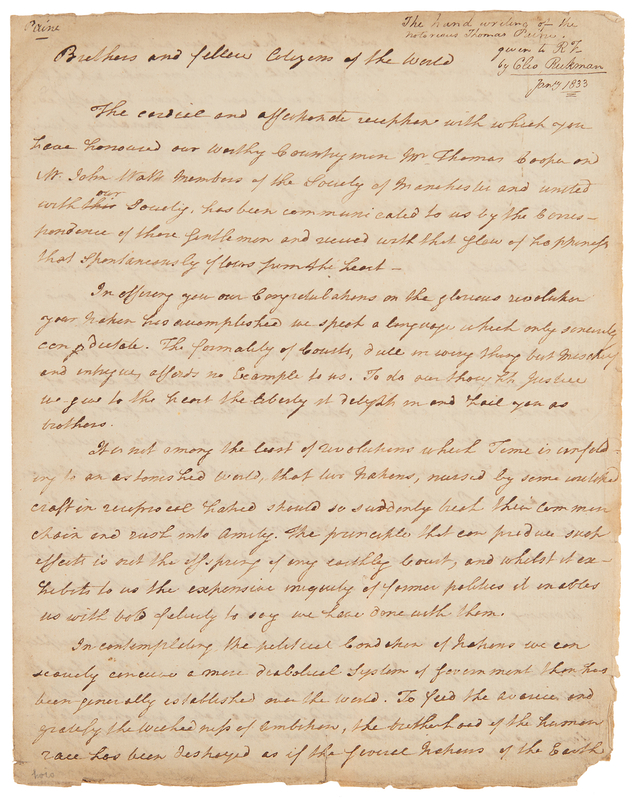 Lot 7031 Thomas Paine Handwritten Manuscript on Revolutions and the Rights of Man: 