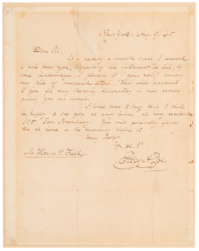 Lot 7055 Edgar Allan Poe Autograph Letter Signed - In the Year of 'The Raven,' Poe Invites a Poet to His East Village Boarding House