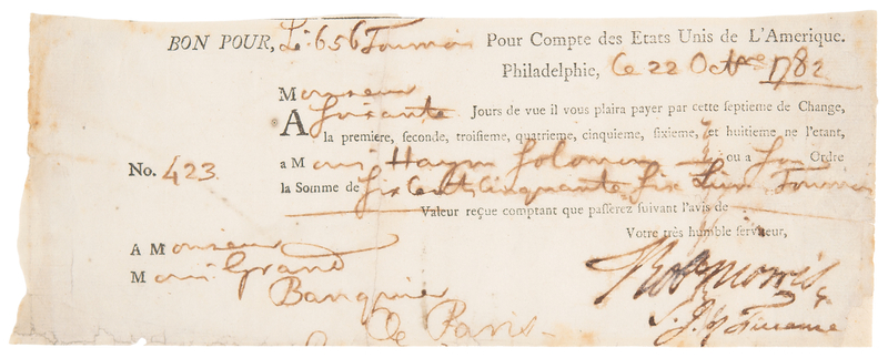 Lot 7030 Haym Salomon and Robert Morris Signed Bill of Exchange for Financing the Revolutionary War (October 22, 1782)