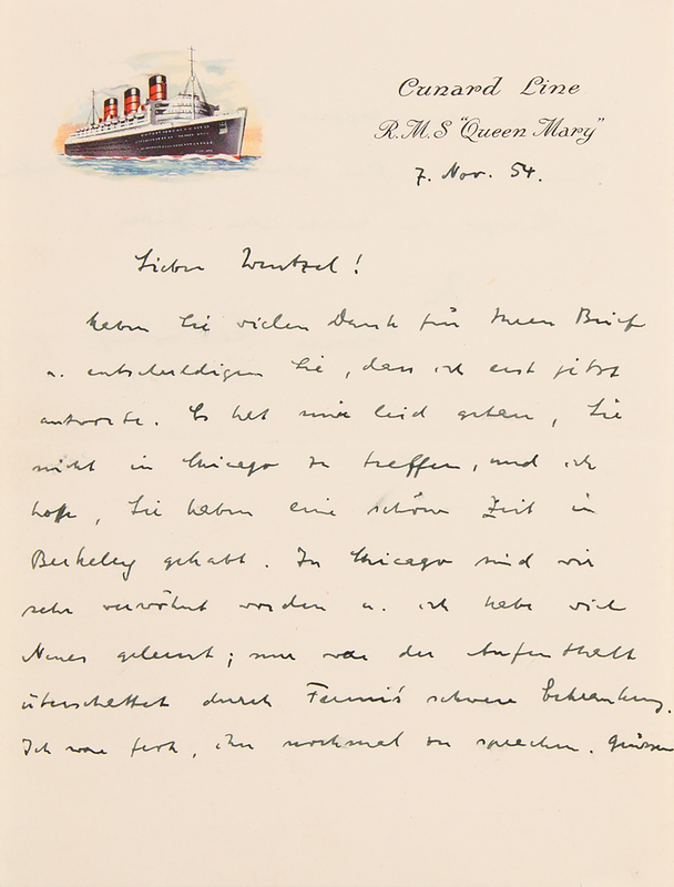 Lot 7078 Werner Heisenberg Autograph Letter Signed from Aboard the RMS ‘Queen Mary’ - The Theoretical Physicist Voyages Home After His 1954 American Lecture Tour and His Final Visits with Albert Einstein and Enrico Fermi