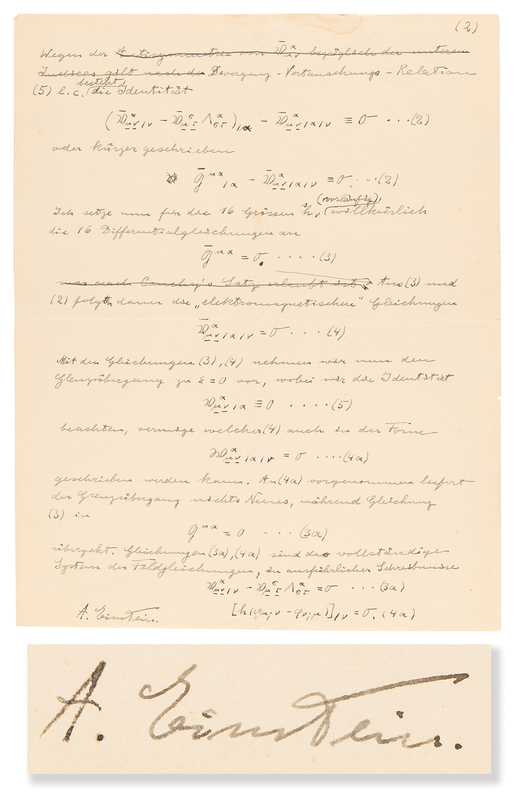 Lot 7077 Albert Einstein Autograph Manuscript Signed on the Unified Field Theory, with (9) Handwritten Mathematical Equations