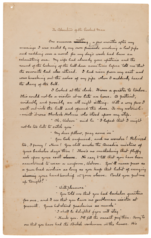 Lot 7058 Arthur Conan Doyle Handwritten Manuscript Page from the Sherlock Holmes Story 'The Crooked Man'