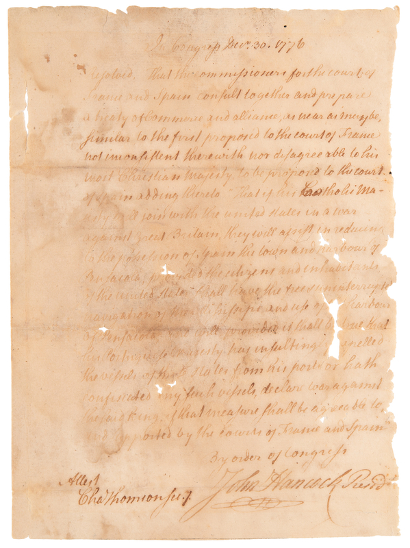 Lot 7032 John Hancock Revolutionary War-Dated Document Signed (1776) - Continental Congress Resolution Appealing to the King of Spain 