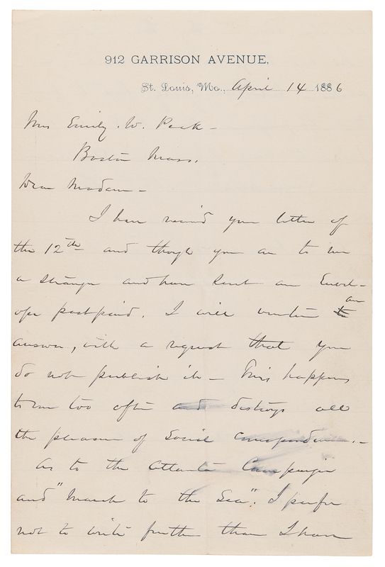 Lot 7010 William T. Sherman Autograph Letter Signed on His 'March to the Sea' and Women's Service in the Union Army: 