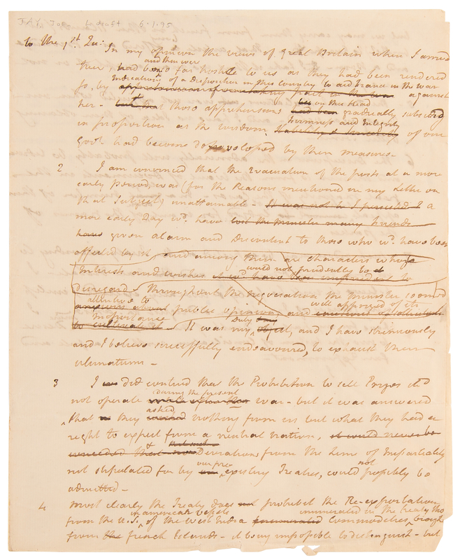 Lot 7033 John Jay Handwritten Letter Draft, Defending His Treaty with Great Britain: 