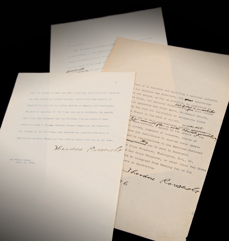 Lot 7011 Theodore Roosevelt (2) Typed Manuscripts Signed as President on the Red Cross Response to the 1906 San Francisco Earthquake, with Clara Barton ALS: 