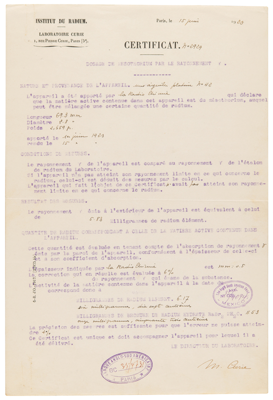 Lot 7072 Marie Curie Document Signed - Radioactivity Results from Curie's Lab