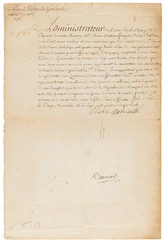 Lot 7027 Marie Antoinette Document Signed, Ordering Payment for Extravagant Royal Household Expenditures Amidst the French Revolution