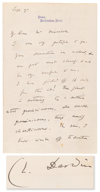 Lot 7070 Charles Darwin Autograph Letter Signed on Experiments with Carnivorous Plants: 