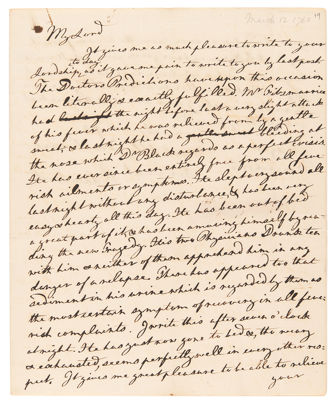 Lot 7029 Adam Smith Autograph Letter Signed on a Student's Sickness - One Year After Publishing The Theory of Moral Sentiments