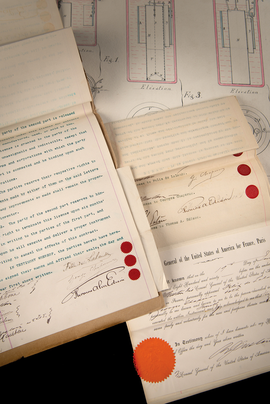Lot 7074 Thomas Edison (2) Documents Signed in Electric Battery Development Archive, Acquiring Rights to the 'Lalande-Chaperon Cell' to Power His Great Inventions: the Phonograph and Electric Light