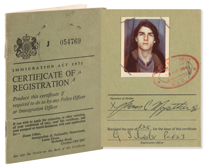 Lot 7093 Tom Cruise’s UK Certificate of Registration Booklet, Signed with His Given Name, “Thomas C. Mapother IV” - Issued for the Production of Ridley Scott’s Legend