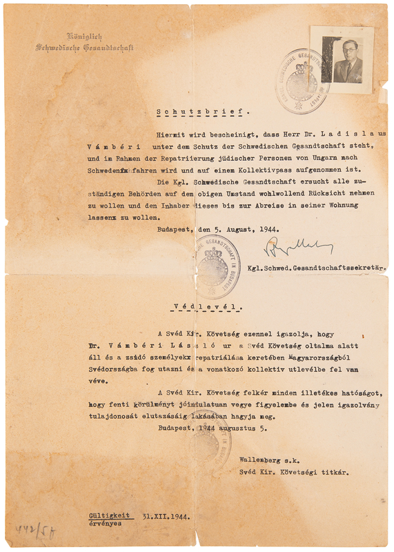 Lot 7022 Raoul Wallenberg 'Schutzbrief' Document Signed, Saving a Hungarian Jew During World War II, with Jewish Badge Exemption Document and Residency Permit