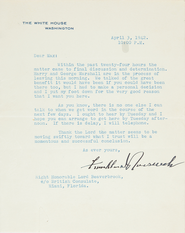 Lot 7012 Franklin D. Roosevelt World War II-Dated Typed Letter Signed to Lord Beaverbrook, Committing to Opening a Second Front Against Nazi Germany