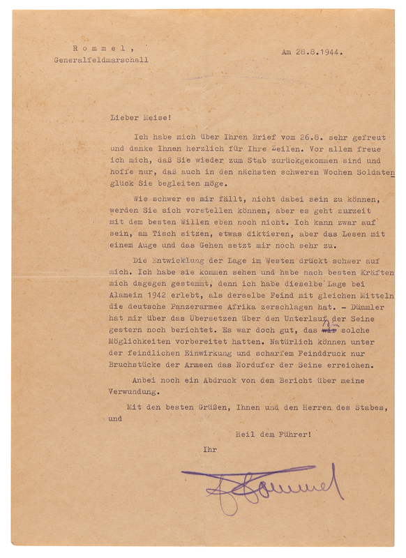 Erwin Rommel World War II-Dated Typed Letter Signed, Enclosing a
