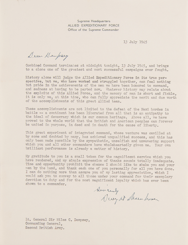 Lot 7014 Dwight D. Eisenhower World War II-Dated Typed Letter Signed on the 