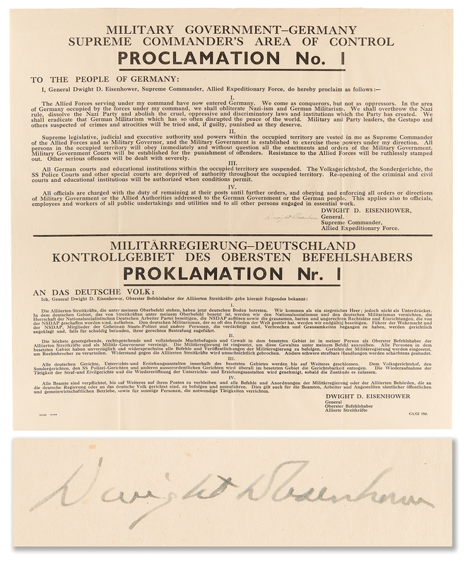 Lot 7013 Dwight D. Eisenhower Signed Broadside of Proclamation No. 1, Issued in Occupied Germany during World War II: 