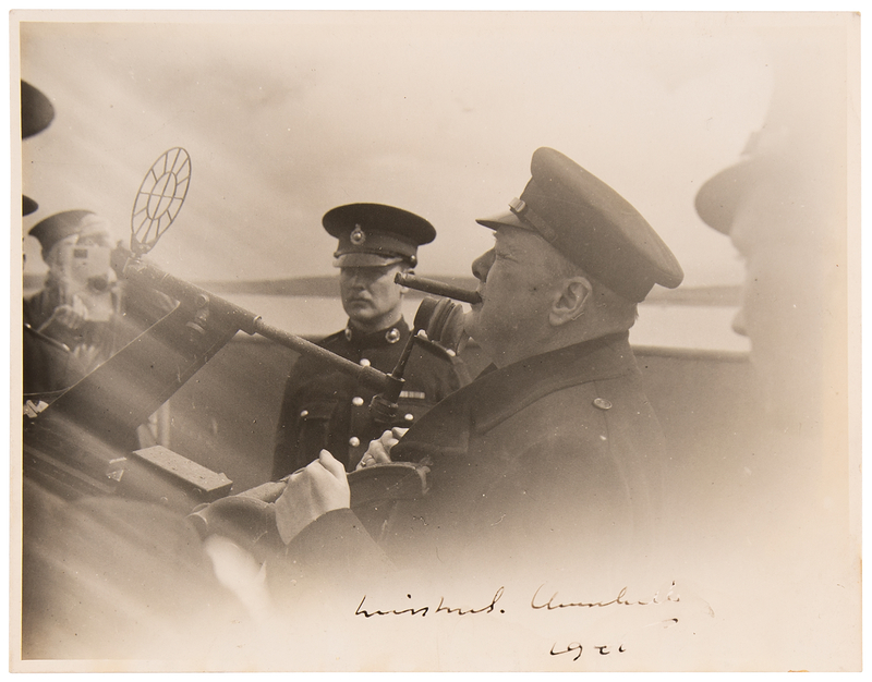 Lot 7018 Winston Churchill World War II-Dated Signed Photograph, Shown with Cigar and Naval Anti-Aircraft Gun