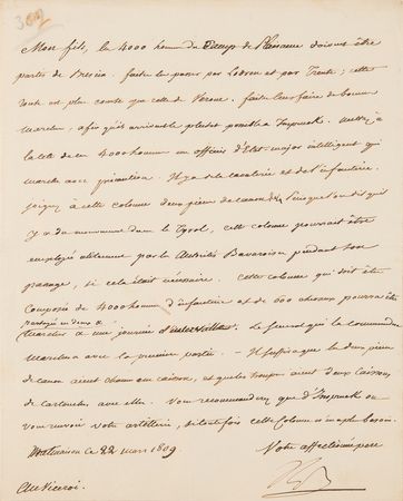 Lot #7035 Napoleon Archive of (29) Letters Signed to His Adopted Son, Prince Eugène de Beauharnais, Detailing Military Strategy in the War of the Fifth Coalition: 