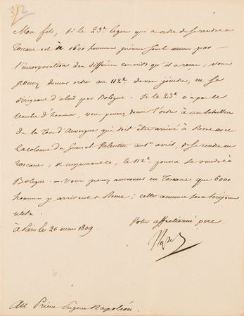 Lot #7035 Napoleon Archive of (29) Letters Signed to His Adopted Son, Prince Eugène de Beauharnais, Detailing Military Strategy in the War of the Fifth Coalition: 
