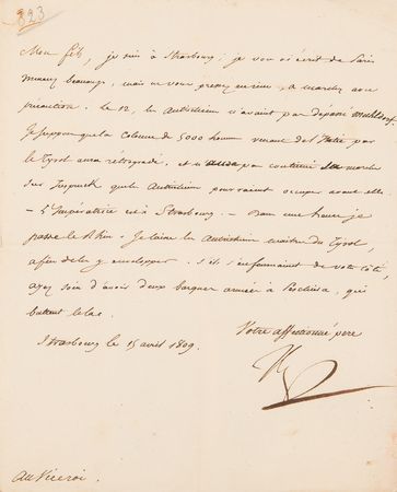 Lot #7035 Napoleon Archive of (29) Letters Signed to His Adopted Son, Prince Eugène de Beauharnais, Detailing Military Strategy in the War of the Fifth Coalition: 