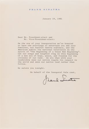 Lot #7090 Frank Sinatra Typed Letter Signed to Ronald Reagan and George Bush for the 1981 Presidential Inaugural Gala Program - Image 2