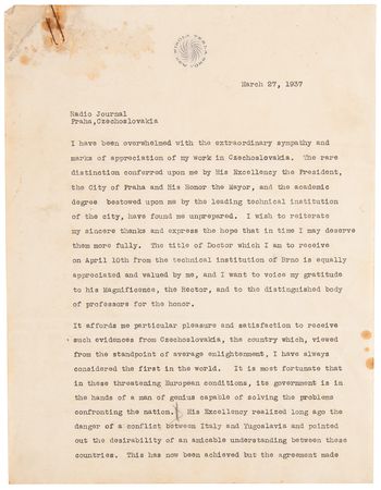 Lot #7080 Nikola Tesla Typed Letter Signed, Expressing Pre-War Concern for Czechoslovakia Amid ?these threatening European conditions? - Image 2