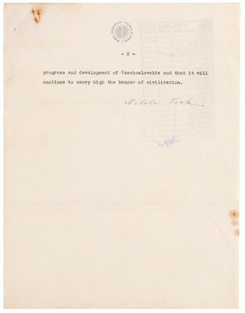 Lot #7080 Nikola Tesla Typed Letter Signed, Expressing Pre-War Concern for Czechoslovakia Amid ?these threatening European conditions? - Image 4