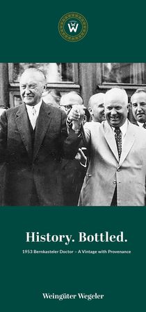 Lot #7024 Historic 1953 Bernkasteler Doctor Riesling Bottle of Wine - The Vintage Poured at the Adenauer?Khrushchev Meeting That Freed 10,000 German POWs - Image 6