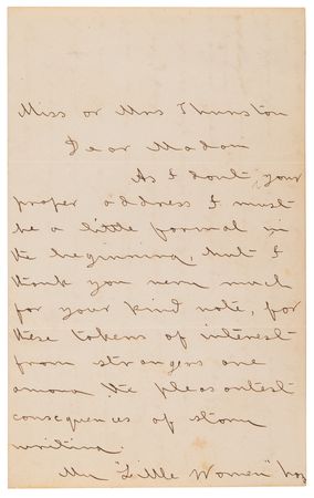 Lot #7056 Louisa May Alcott Autograph Letter Signed on “My ‘Little Women’” and Her Resemblance to Jo March - “‘Jo’ is not myself any more than the others are my sisters, only suggestions of the four real girls” - Image 1
