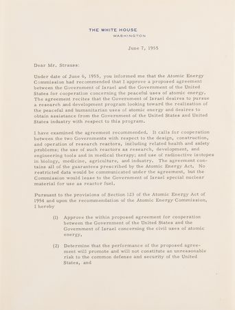 Lot #7015 President Dwight D. Eisenhower and Israel?s Secret Atomic Weapons Program - Letter Affirming a U.S.-Israel Accord ?for collaboration concerning the peaceful uses of atomic energy? - Image 2