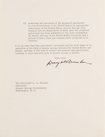 Lot #7015 President Dwight D. Eisenhower and Israel?s Secret Atomic Weapons Program - Letter Affirming a U.S.-Israel Accord ?for collaboration concerning the peaceful uses of atomic energy? - Image 3