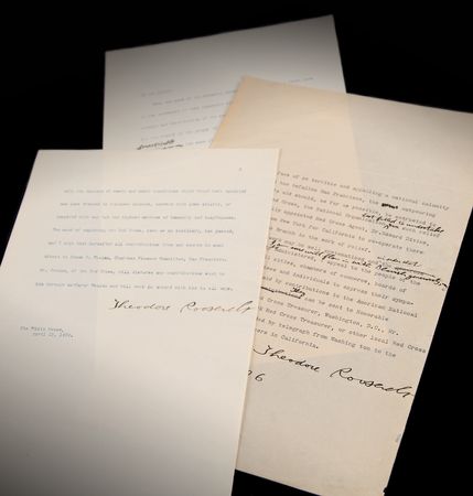 Lot #7011 Theodore Roosevelt (2) Typed Manuscripts Signed as President on the Red Cross Response to the 1906 San Francisco Earthquake, with Clara Barton ALS: 