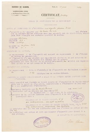 Lot #7072 Marie Curie Document Signed - Radioactivity Results from Curie's Lab - Image 1