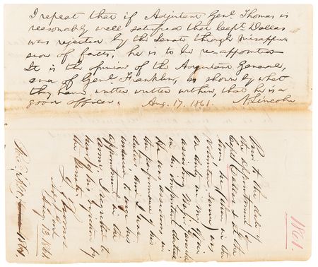 Lot #7006 Abraham Lincoln Civil War-Dated Autograph Endorsement Signed as President, Calling for the Reappointment of Alexander J. Dallas III - Image 2