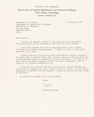 Lot #7081 Stephen Hawking Typed Letter Signed on Black-Body Radiation and Geodesic Incompleteness - Image 2