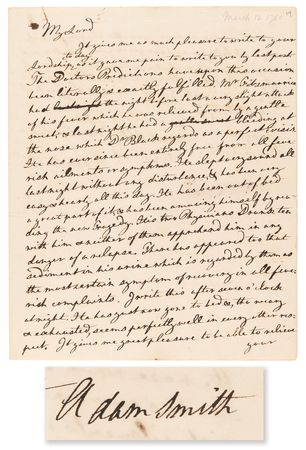 Lot #7029 Adam Smith Autograph Letter Signed on a Student's Sickness - One Year After Publishing The Theory of Moral Sentiments - Image 2