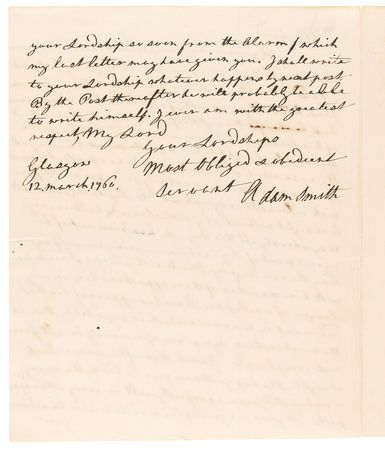 Lot #7029 Adam Smith Autograph Letter Signed on a Student's Sickness - One Year After Publishing The Theory of Moral Sentiments - Image 3
