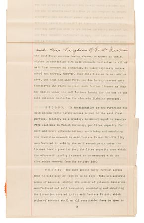 Lot #7074 Thomas Edison (2) Documents Signed in Electric Battery Development Archive, Acquiring Rights to the 'Lalande-Chaperon Cell' to Power His Great Inventions: the Phonograph and Electric Light - Image 11