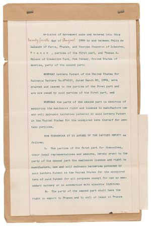 Lot #7074 Thomas Edison (2) Documents Signed in Electric Battery Development Archive, Acquiring Rights to the 'Lalande-Chaperon Cell' to Power His Great Inventions: the Phonograph and Electric Light - Image 4