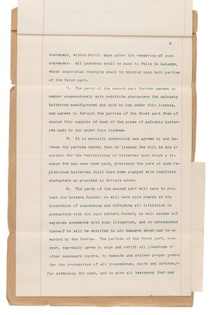 Lot #7074 Thomas Edison (2) Documents Signed in Electric Battery Development Archive, Acquiring Rights to the 'Lalande-Chaperon Cell' to Power His Great Inventions: the Phonograph and Electric Light - Image 6