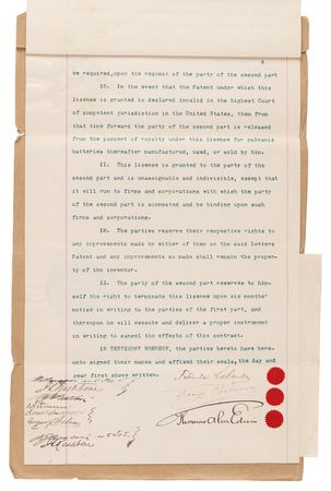 Lot #7074 Thomas Edison (2) Documents Signed in Electric Battery Development Archive, Acquiring Rights to the 'Lalande-Chaperon Cell' to Power His Great Inventions: the Phonograph and Electric Light - Image 7