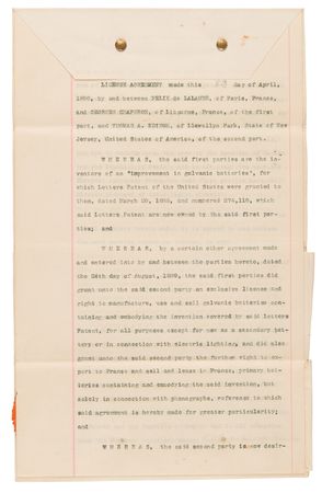 Lot #7074 Thomas Edison (2) Documents Signed in Electric Battery Development Archive, Acquiring Rights to the 'Lalande-Chaperon Cell' to Power His Great Inventions: the Phonograph and Electric Light - Image 9