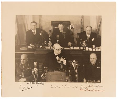 Lot #7016 Winston Churchill and Dwight D. Eisenhower Signed Photograph - Allied Leaders Stress Postwar Unity at the Virginia State House (March 8, 1946) - Image 1